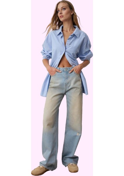 Kadın Yüksek Bel Geniş Paça Denim Jean Pantolon Pamuk Günlük Stil Yaz Aylarının Vazgeçilmezi
