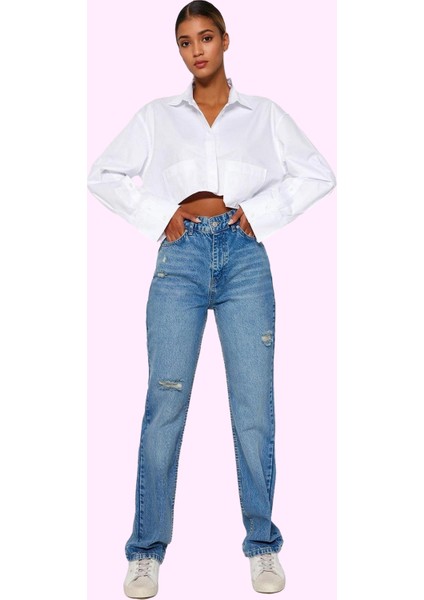 Kadın Yüksek Bel Geniş Paça Uzun Jean Pamuklu Günlük Stil Hafta Sonu Yaz Aylarının Vazgeçilmezi modelleri