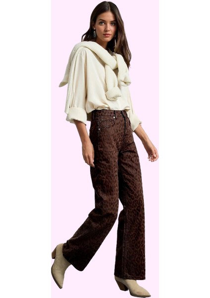 Kadın Yüksek Bel Geniş Paça Leopar Desenli Jean Pantolon Pamuk Günlük Kombinler Hafta Sonu modelleri