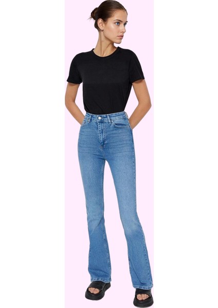 Kadın Yüksek Bel Uzun Boy Flare Jean Denim Günlük Kombinler Hafta Sonu Yaz Aylarının Vazgeçilmezi fiyatları