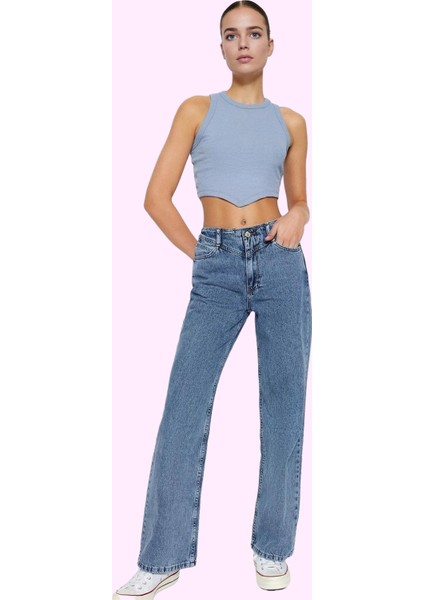 Kadın Yüksek Bel Geniş Paça Denim Jean Pamuk Günlük Kombinler Hafta Sonu Dayanıklı Malzeme