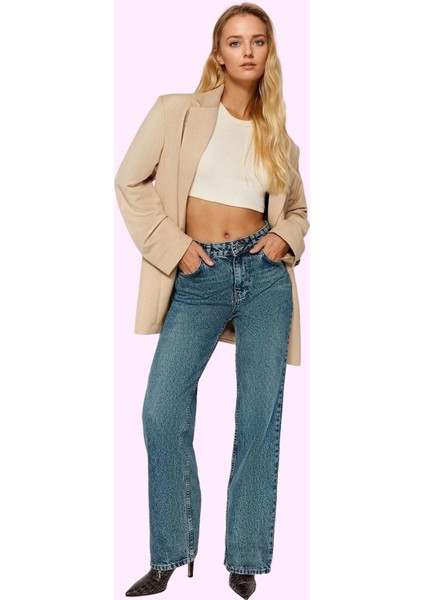 Kadın Yüksek Bel Geniş Paça Denim Pantolon Pamuk Günlük Stil Hafta Sonu Yaz Aylarının Vazgeçilmezi