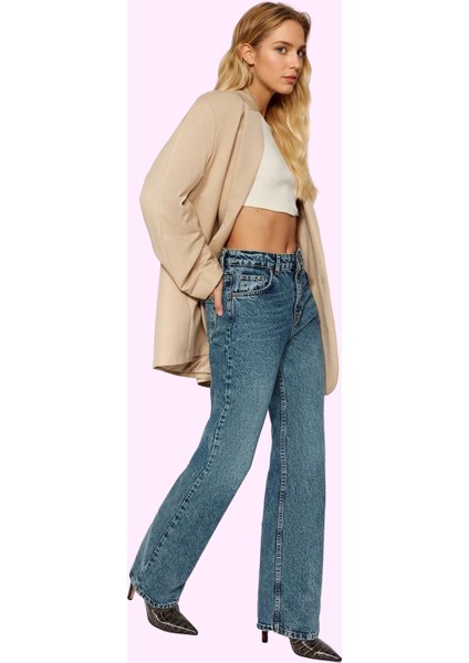 Kadın Yüksek Bel Geniş Paça Denim Pantolon Pamuk Günlük Stil Hafta Sonu Yaz Aylarının Vazgeçilmezi fiyatları