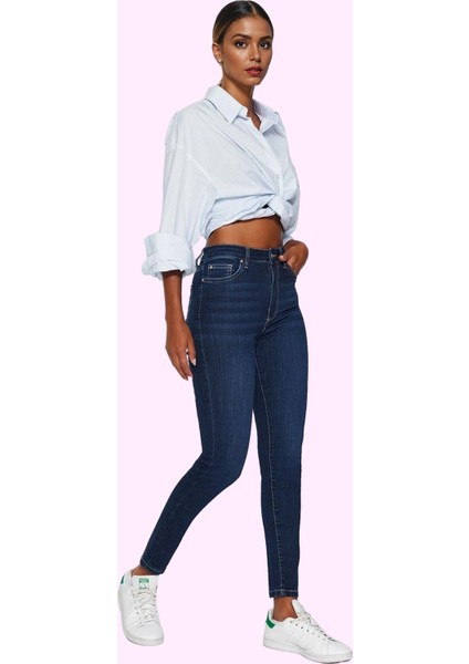 Kadın Skinny Jean Yüksek Bel Uzun Boy Düz Desenli Günlük Hafta Sonu Yaz Aylarının Vazgeçilmezi