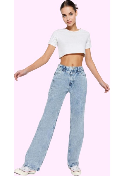 Kadın Yüksek Bel Geniş Paça Denim Jean Pamuk Günlük Kombinler Hafta Sonu Dayanıklı Malzeme