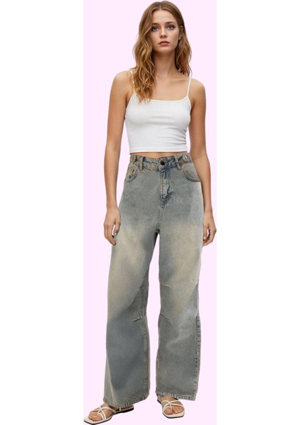 Kadın Yüksek Bel Geniş Paça Baggy Jean Pantolon Pamuk Günlük Kombinler Yaz Aylarının Vazgeçilmezi
