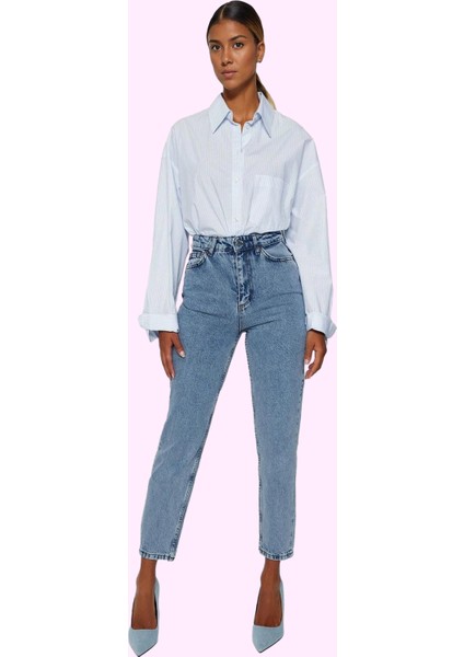 Kadın Yüksek Bel Geniş Paça Mom Jean Uzun Boy Pamuklu Günlük Kullanım Yaz Aylarının Vazgeçilmezi fiyatları