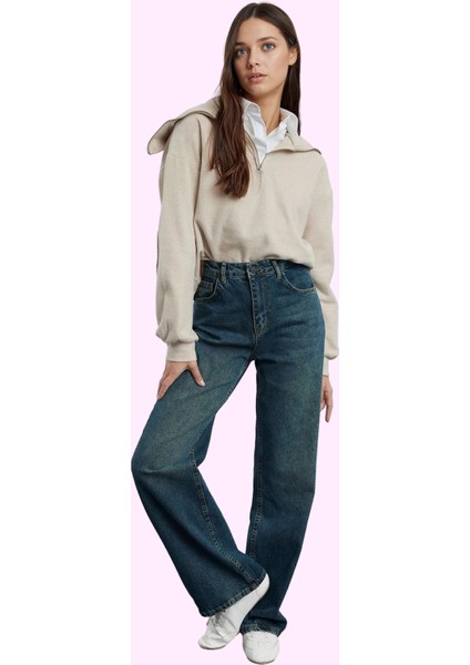 Kadın Yüksek Bel Geniş Paça Jean Pantolon Pamuk Günlük Kullanım Yaz Aylarının Vazgeçilmezi