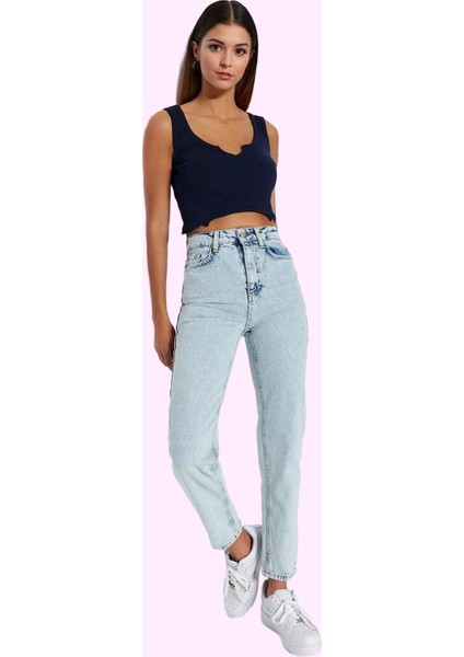 Kadın Yüksek Bel Geniş Paça Mom Jean Denim Pantolon Günlük Stil Yaz Aylarının Vazgeçilmezi