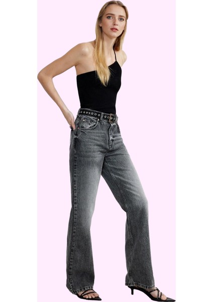 Kadın Yüksek Bel Geniş Paça Jean Pantolon Düz Desen Care Koleksiyonu Günlük Modern Tasarım fiyatları