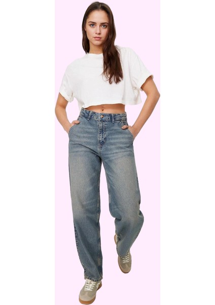 Kadın Düşük Bel Geniş Paça Baggy Jean Pamuk Günlük Stil Hafta Sonu Yaz Aylarının Vazgeçilmezi