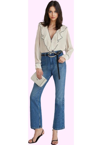 Kadın Denim Crop Flare Jean Normal Bel Kemersiz Günlük Stil Hafta Sonu Yaz Aylarının Vazgeçilmezi