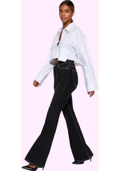 Kadın Yüksek Bel Flare Jean Denim Günlük Kombinler Için Hafta Sonu Yaz Aylarının Vazgeçilmezi fiyatları