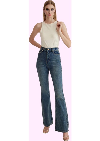 Kadın Yüksek Bel Ispanyol Paça Jean Düz Desen Günlük Kombinler Hafta Sonu Kaliteli Malzeme