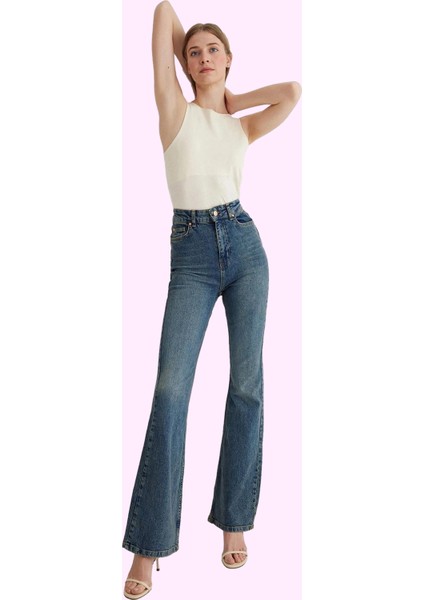 Kadın Yüksek Bel Ispanyol Paça Jean Düz Desen Günlük Kombinler Hafta Sonu Kaliteli Malzeme fiyatları