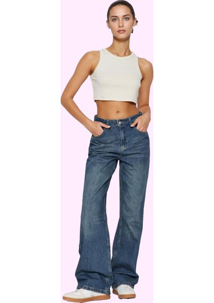 Kadın Yüksek Bel Geniş Paça Jean Pamuk Günlük Kombinler Hafta Sonu Yaz Aylarının Vazgeçilmezi