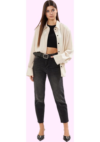 Kadın Mom Jean Geniş Paça Uzun Boy Denim Düz Desen Günlük Stil Hafta Sonu Kaliteli Malzeme