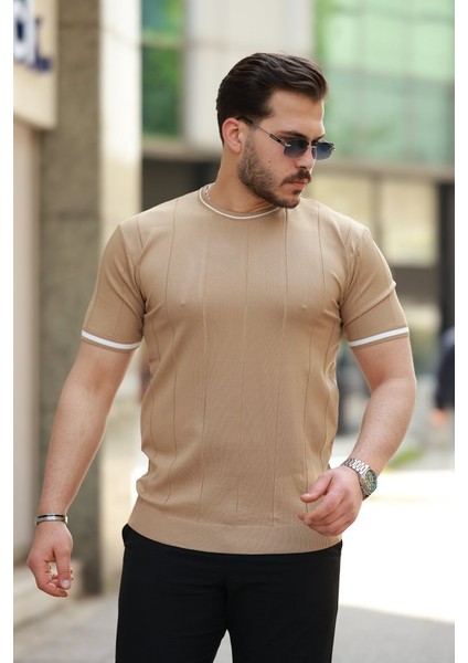 Erkek Bisiklet Yaka Çizgi Desenli Ribanalı Kısa Kollu Tshirt