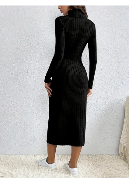 Kadın Uzun Kollu Balıkçı Yaka Yırtmaçlı Düğmeli Şardonlu Kaşkorse Elbise(Kemersiz) modelleri