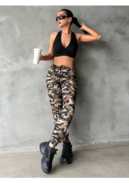 Kadın Yüksek Bel Kamuflaj Baskılı Bileği Lastik Detay Iki Iplik Pantolon