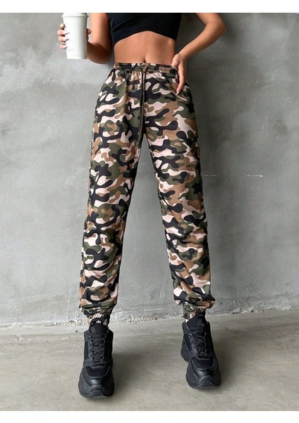 Kadın Yüksek Bel Kamuflaj Baskılı Bileği Lastik Detay Iki Iplik Pantolon modelleri