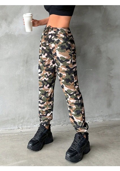 Kadın Yüksek Bel Kamuflaj Baskılı Bileği Lastik Detay Iki Iplik Pantolon indirimleri