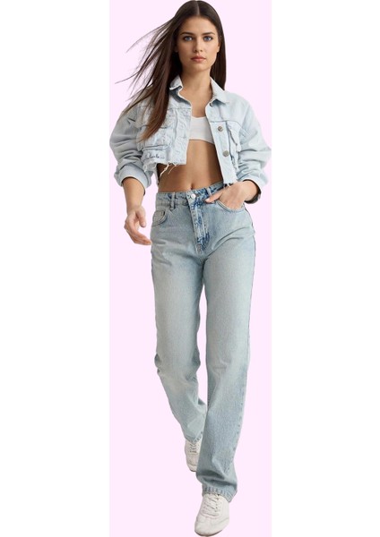 Kadın Yüksek Bel Straight Jean Boru Paça Günlük Stil Pamuk Hafta Sonu Yaz Aylarının Vazgeçilmezi