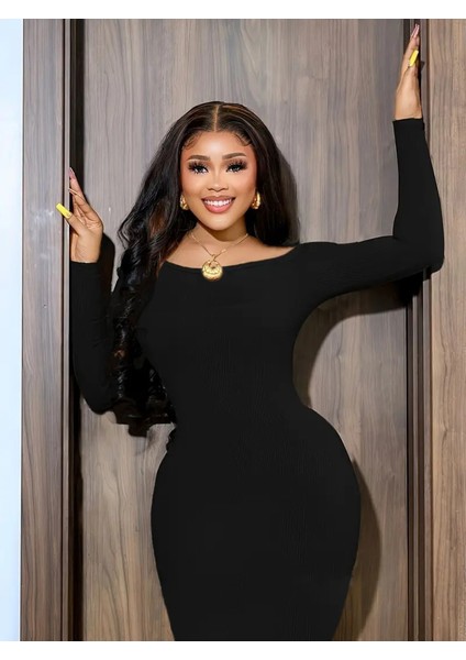 Kadın Uzun Kollu Hafif Kayık Yaka Sırt Dekoltelielbise indirimleri