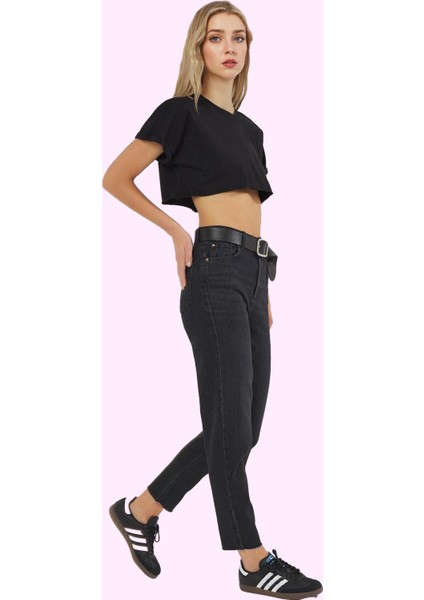 Kadın Yüksek Bel Mom Fit Jean Düz Desen Günlük Kombinler Hafta Sonu Yaz Aylarının Vazgeçilmezi fiyatları