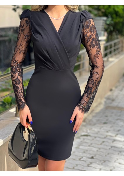 Kadın Uzun Kollu Kruvaze Yaka Kollar Tül Detay Krep Mini Boy Elbise modelleri