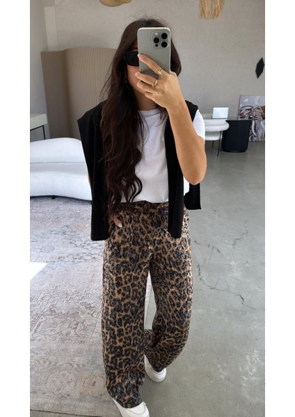 Kadın Saten Kumaş Leopar Desenli Pantolon modelleri