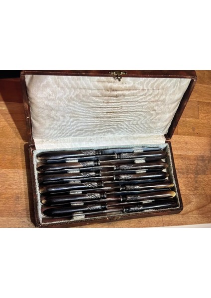 1930'S - 50's Châtellerault Fransız Boynuz Saplı 12 Li Bıçak Seti - Kutu Ölçüsü 23 cm x 14 cm