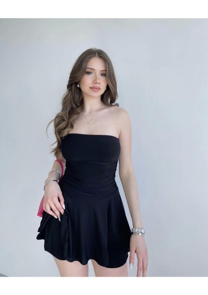 Straplez Sandy Kumaş Şortlu Prenses Etek Mini Klos Elbise- Siyah modelleri