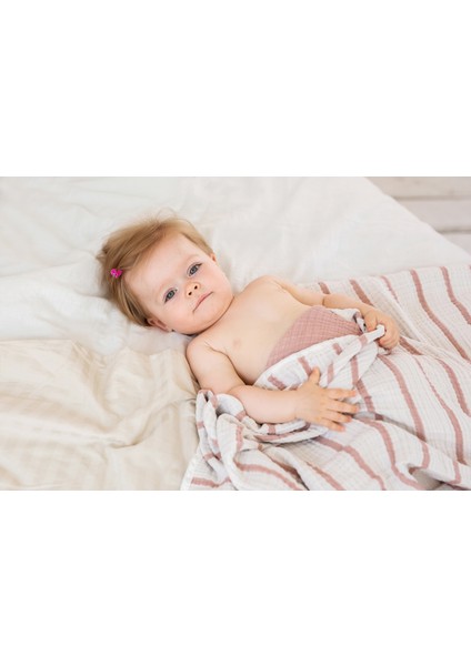 4 Katlı Premium %100 Pamuk Müslin Battaniye| 120x120 cm | Gülkurusu Çizgili