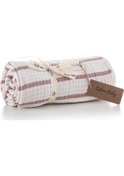4 Katlı Premium %100 Pamuk Müslin Battaniye| 120x120 cm | Gülkurusu Çizgili fiyatları