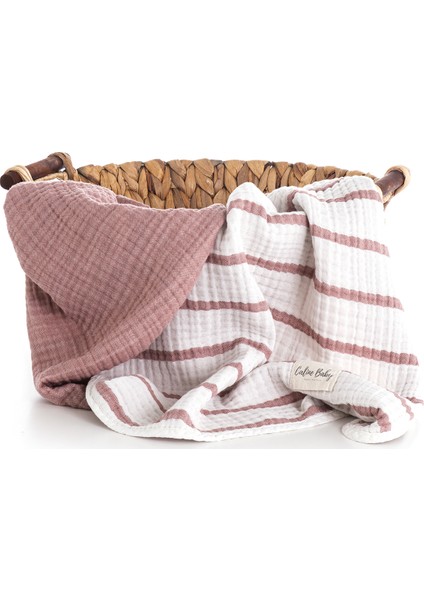 4 Katlı Premium %100 Pamuk Müslin Battaniye| 120x120 cm | Gülkurusu Çizgili fırsatları