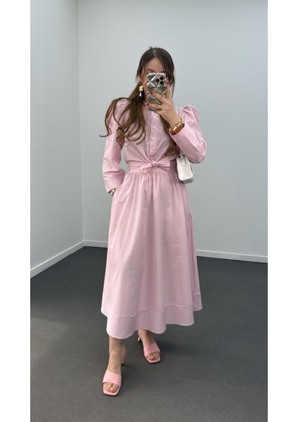 Saghar Pembe Çizgili Karpuz Kol Gömlek ve Midi Etek Takımı fiyatları