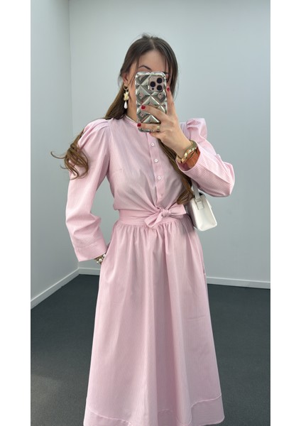 Saghar Pembe Çizgili Karpuz Kol Gömlek ve Midi Etek Takımı modelleri