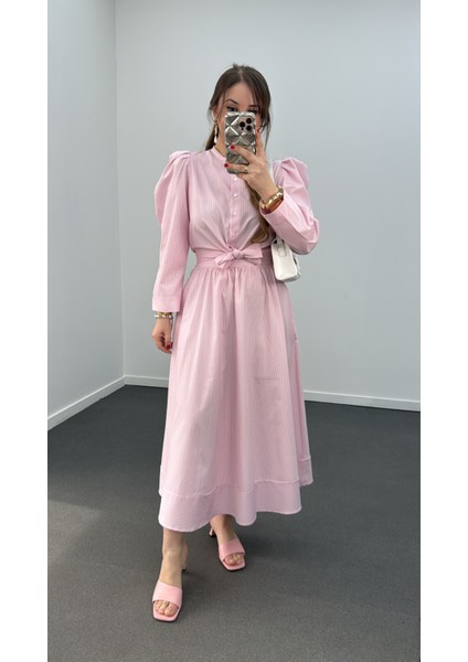 Saghar Pembe Çizgili Karpuz Kol Gömlek ve Midi Etek Takımı fırsatları