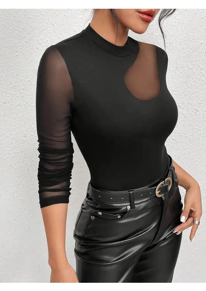 Kadın Uzun Kollu Yarı Balıkçı Yaka Kolları Tüllü Dalgıç Bluz