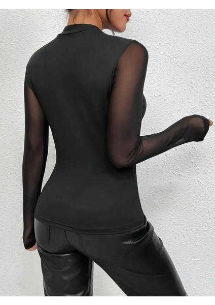 Kadın Uzun Kollu Yarı Balıkçı Yaka Kolları Tüllü Dalgıç Bluz fiyatları