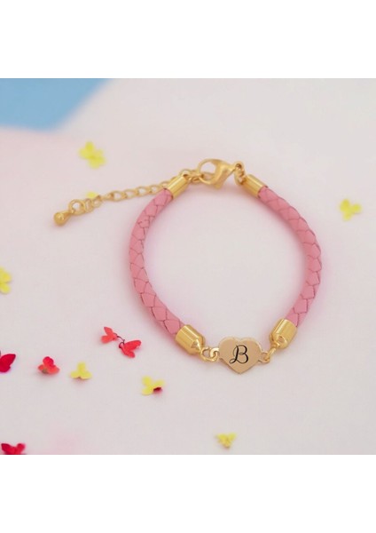 14 Ayar Plakalı Altın B Harfine Özel Kalp Figürlü Pembe Derili Hediye BILEKLIK-473HARF