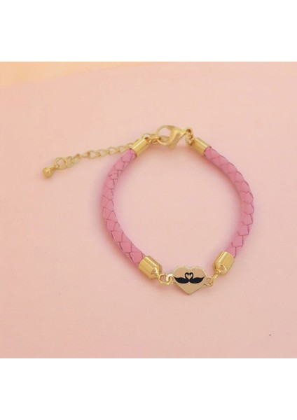 14 Ayar Altın Plakalı Kuğu Temalı Kalp Figürlü Pembe Derili Hediye BILEKLIK-473SEMBOL