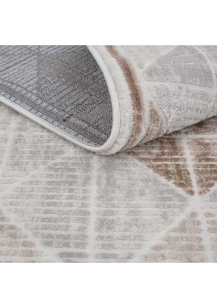 Nevada 2503 Krem Bej Halı Modern Çizgili Makina Halısı Parlak Doku Ev Oda Oturma Odası Salon Halısı