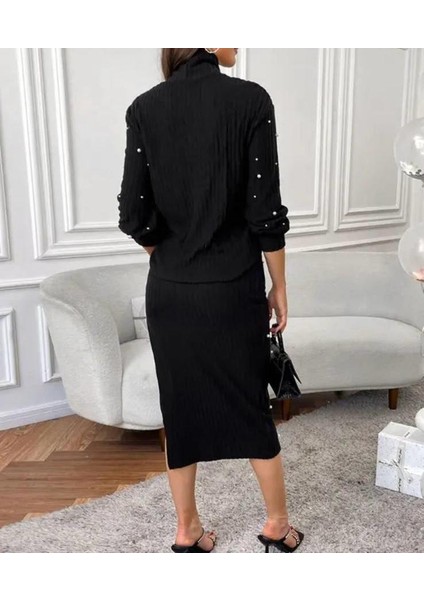 Kadın Balıkçı Yaka Inci Detay Kazak ve Yırtmaç Detay Etek Fırsat Ürün Ikili Takım modelleri