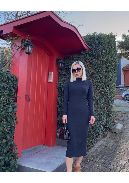 Kadın Yarım Balıkçı Yaka Süet Kumaş Fırsat Ürün Midi Boy Elbise