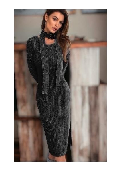 Kadın Eskitme Detay Fular Dahil Fırsat Ürün Midi Boy Elbise