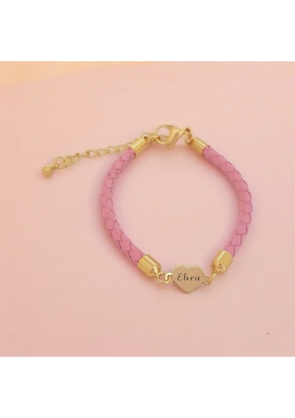14 Ayar Plakalı Altın Ebru Ismine Özel Pembe Derili Kalp Figürlü Hediye BILEKLIK-473ISIM