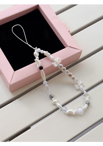 Anyway (Neyse, Her Neyse) Beyaz Telefon Charm, Fiyonk Telefon Askısı, Kalp Yıldız Telefon Ipi