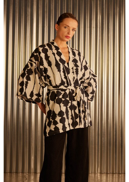 Kadın Keten Dokuma Yırtmaç Detaylı Kimono fiyatları